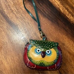 Colorful Owl Leather Wristlet Coin Purse - Green, Yellow, Red